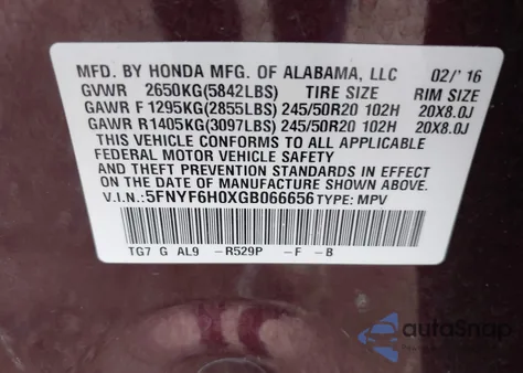 2016 Honda Pilot Elite z USA, uszkodzony, nr VIN 5FNYF6H0XGB066656